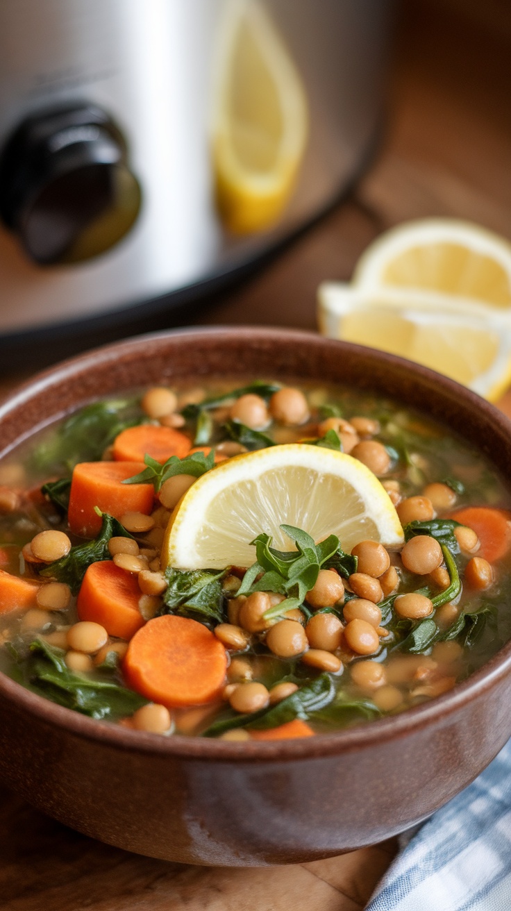 A nutritious bowl of vegetable lentil soup with carrots, lentils, and spinach, garnished with herbs and lemon, in a cozy kitchen.